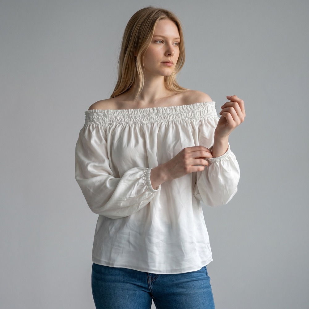AG Adriano Goldschmied Top Womens White Cotton Silk Off Shoulder Blouse Small S‎